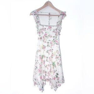 BCBGMAXAZRIA Floral Lace Handkerchief Mini Dress White Pink Ruffle Hem Size S